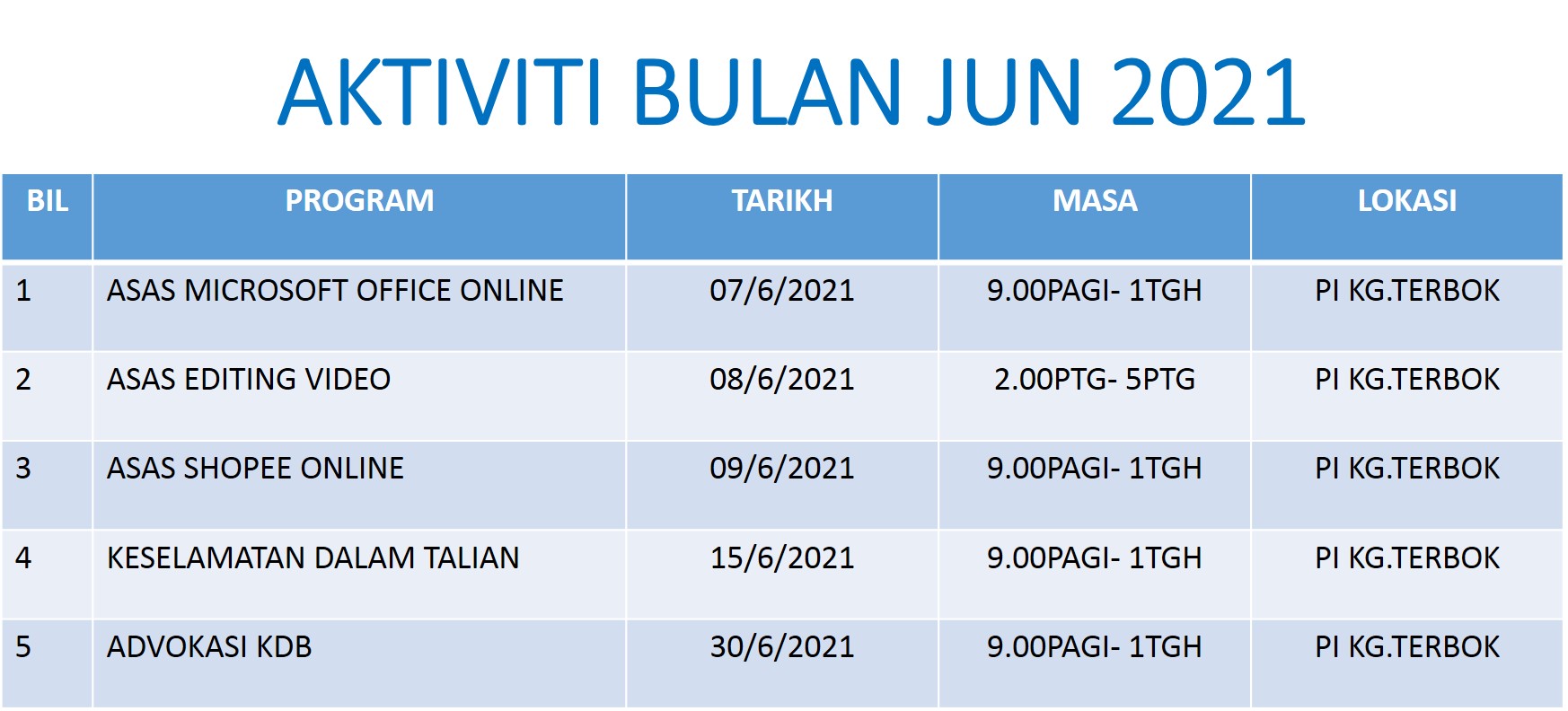 Jadual Aktivit Jun 2021