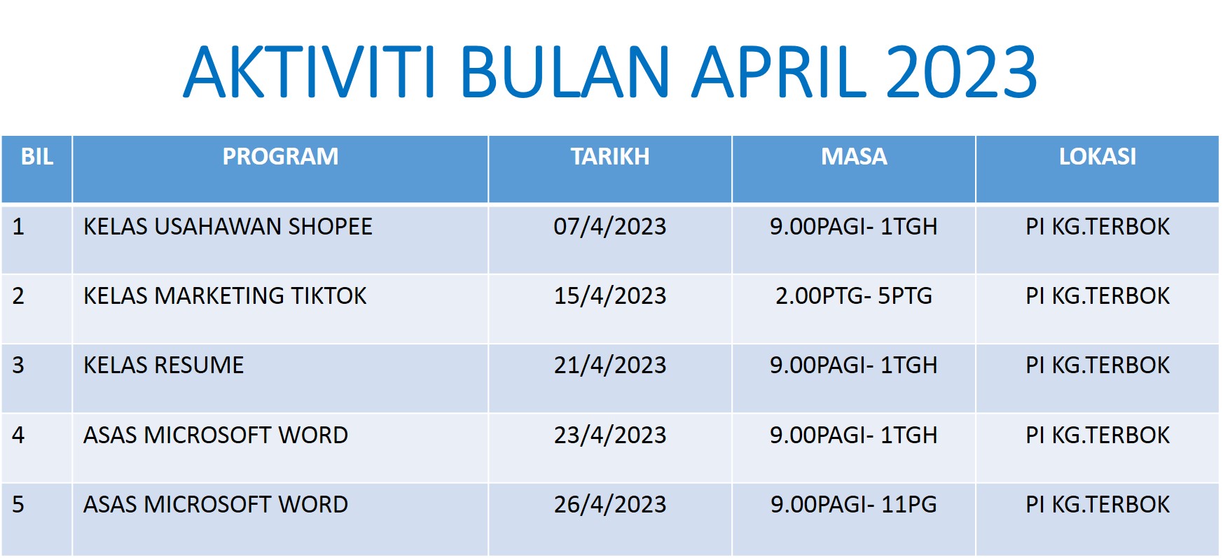 Jadual Aktiviti April 2023