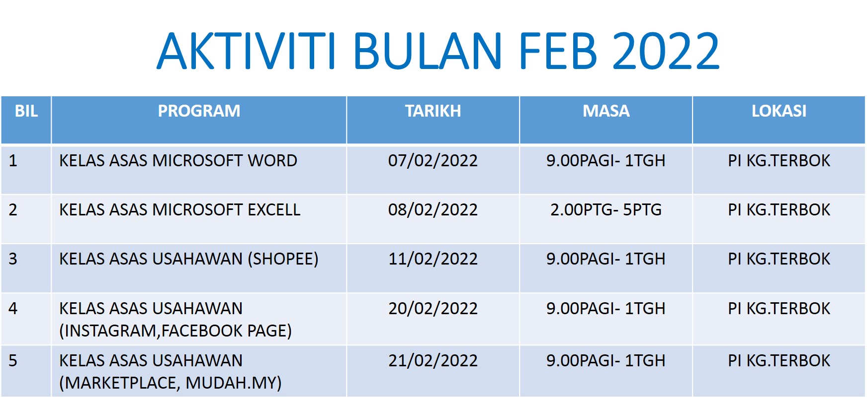 Jadual Aktiviti Bulan Februari 2022