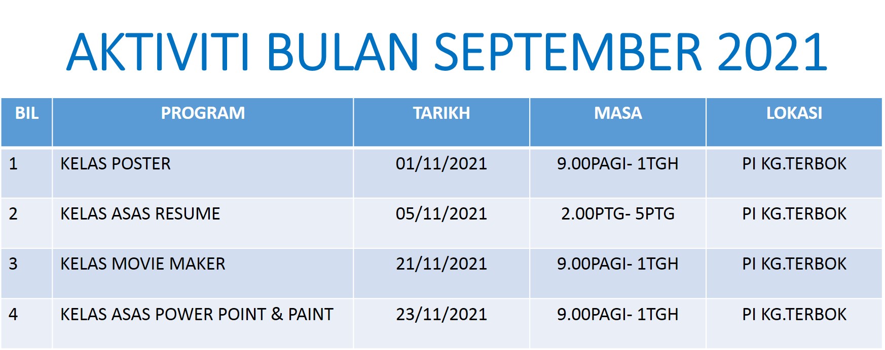 Jadual Aktiviti Bulan September 2021