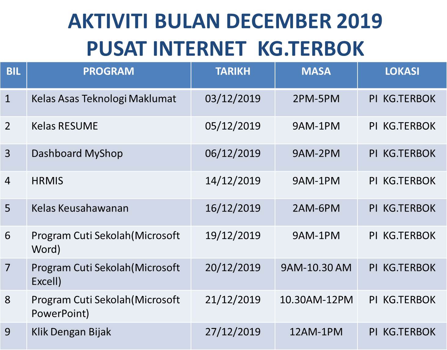 Jadual Aktiviti December 2019