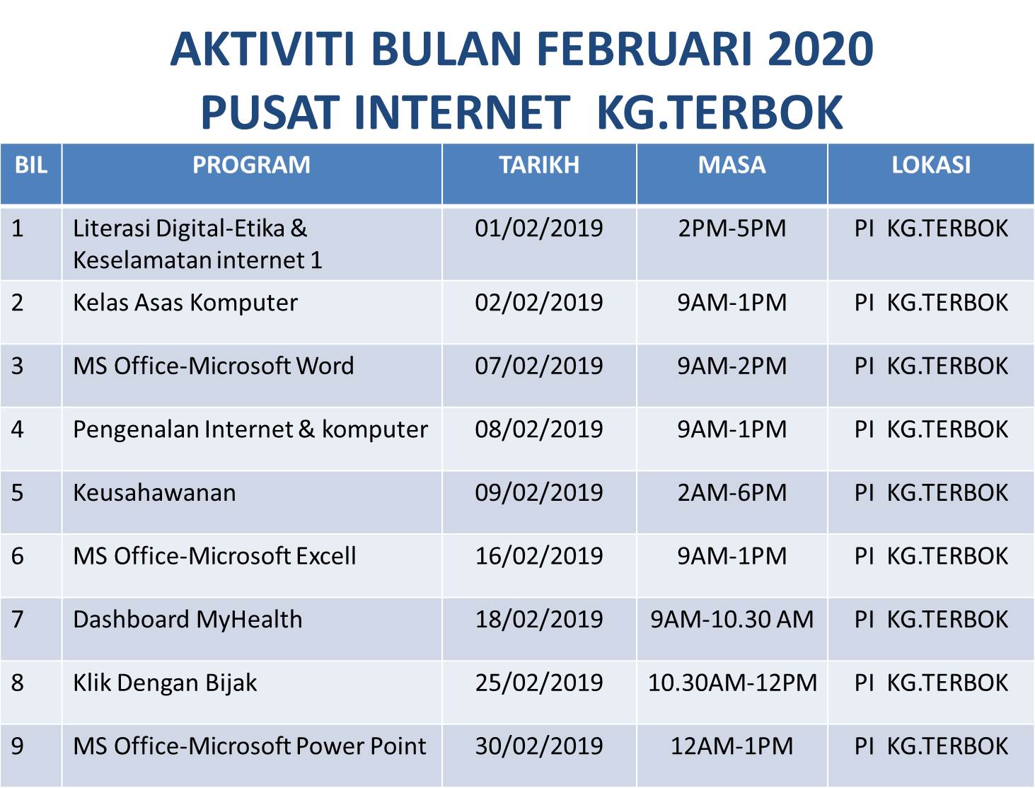 Jadual Aktiviti Februari 2020