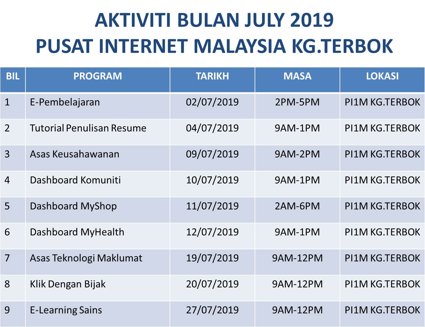 Jadual Aktiviti July 2019