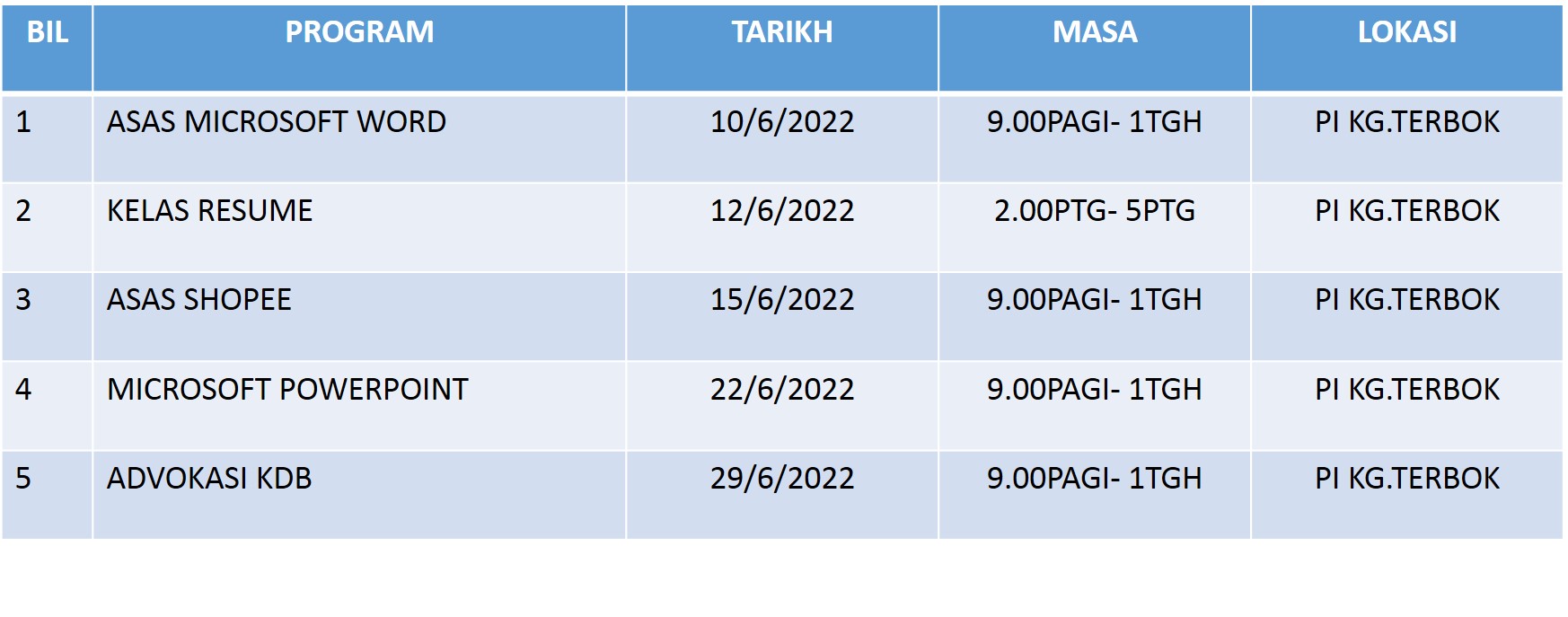 Jadual Aktiviti Jun 2022