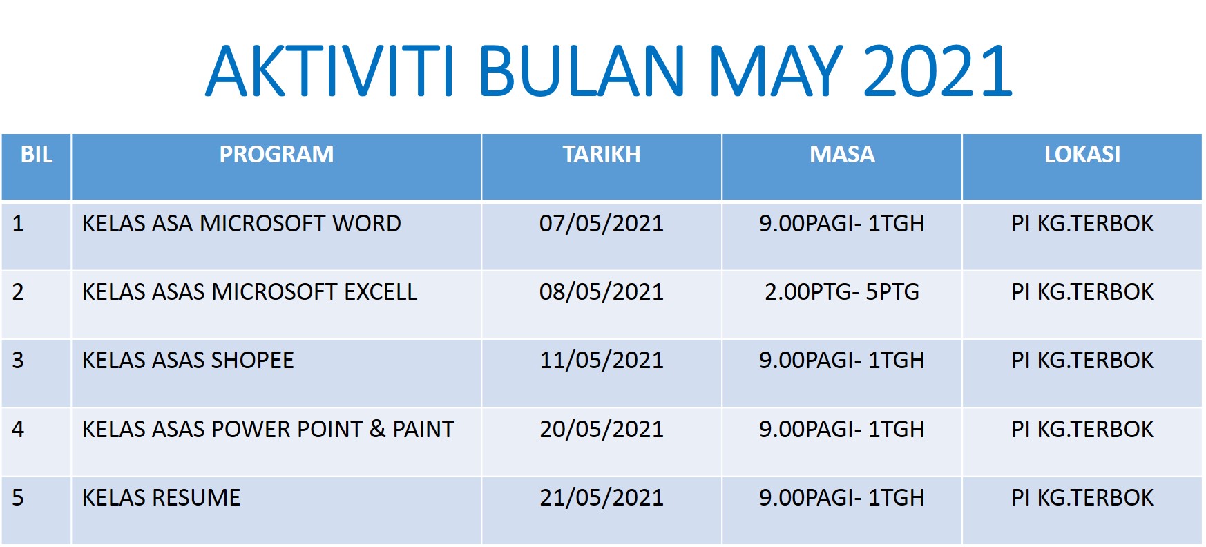 Jadual Aktiviti May 2021