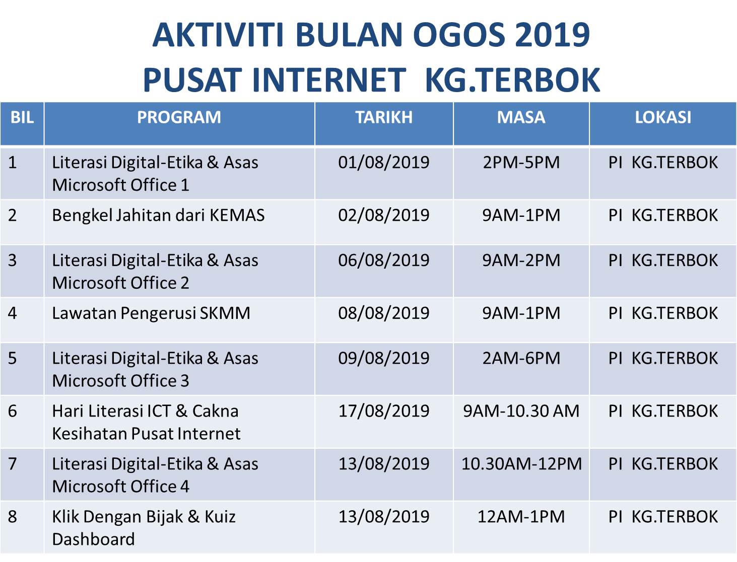 Jadual Aktiviti Ogos 2019