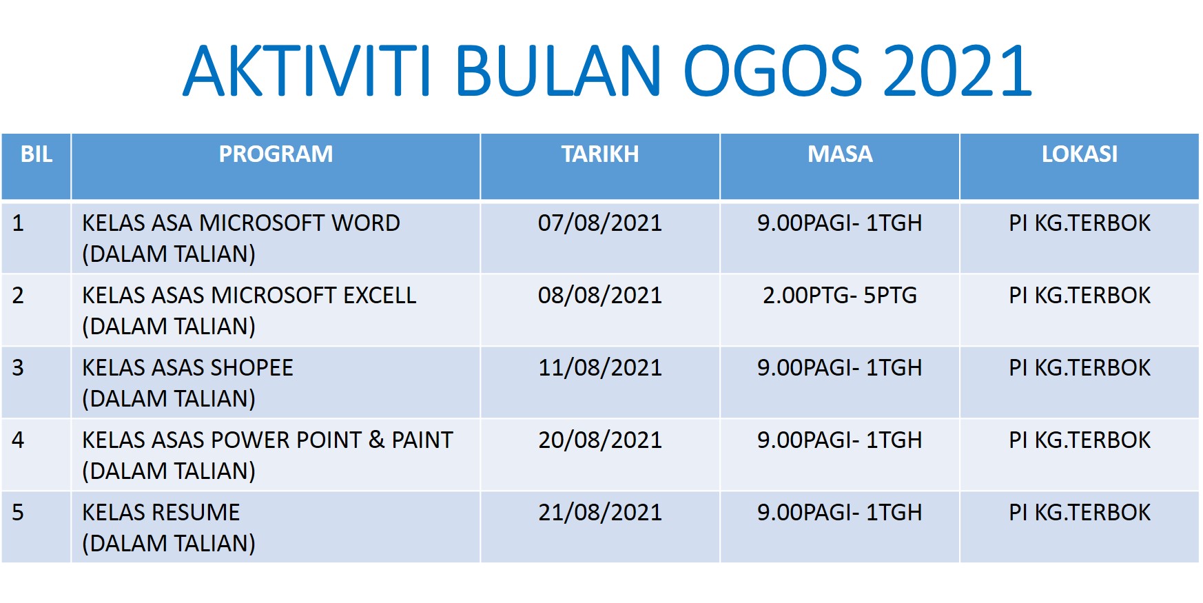 Jadual Aktiviti Ogos 2021