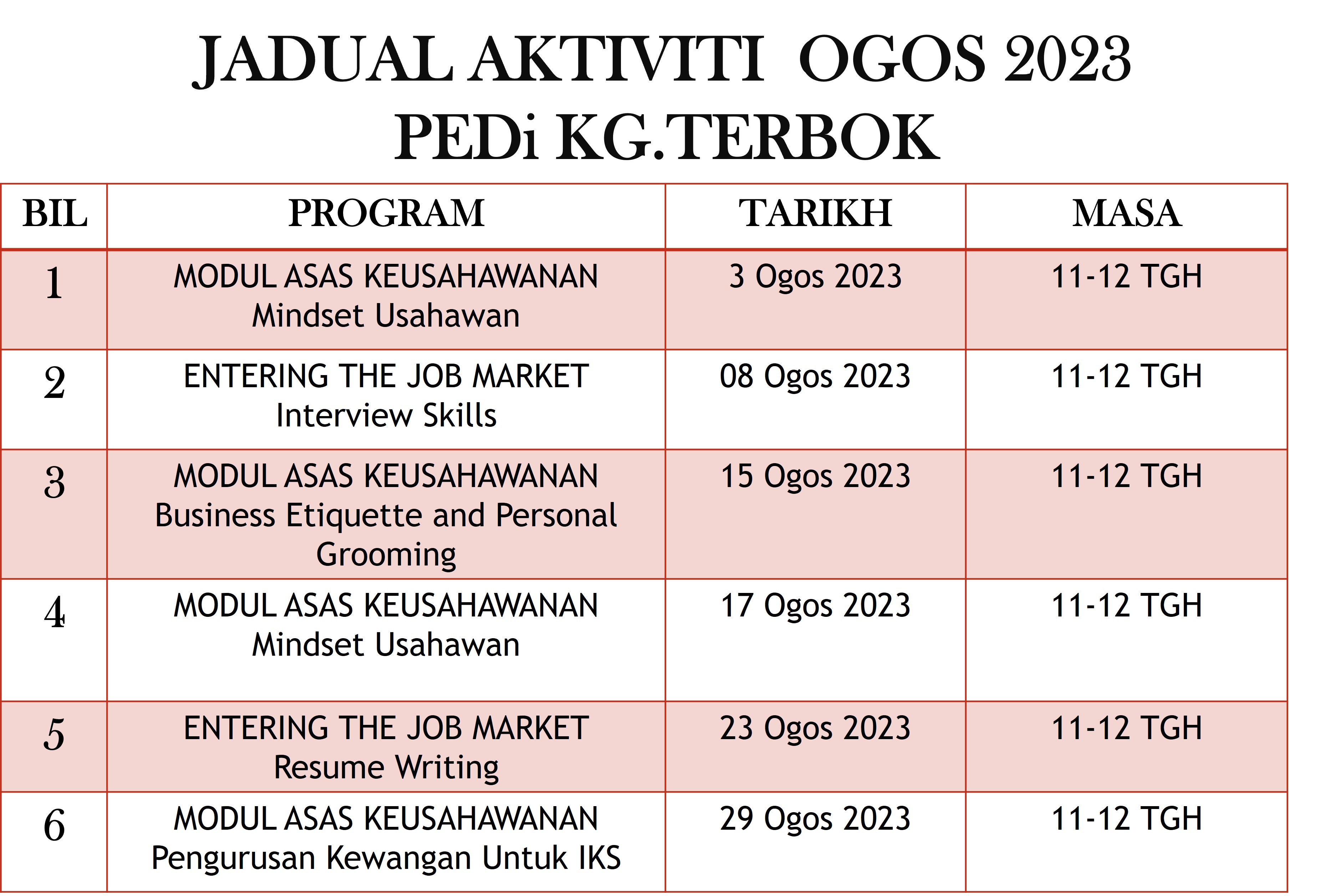 Jadual Aktiviti Ogos 2023