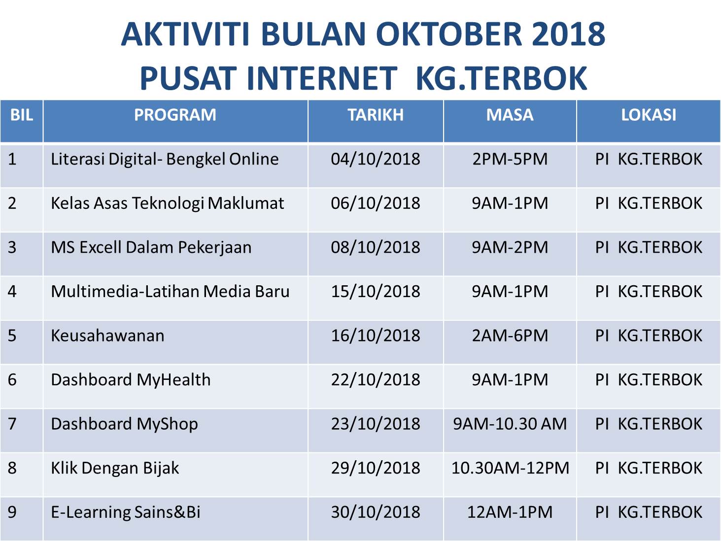 Jadual Aktiviti Oktober